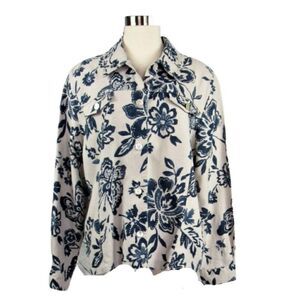 Jacket Linen Button Front Side Pockets Blue Batik Floral Print Women's Size 16